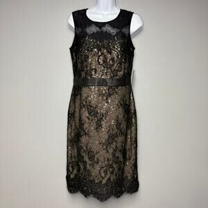 NWT Mikael Aghal Gold Sequin Black Lace Formal Mini Dress Sz 8